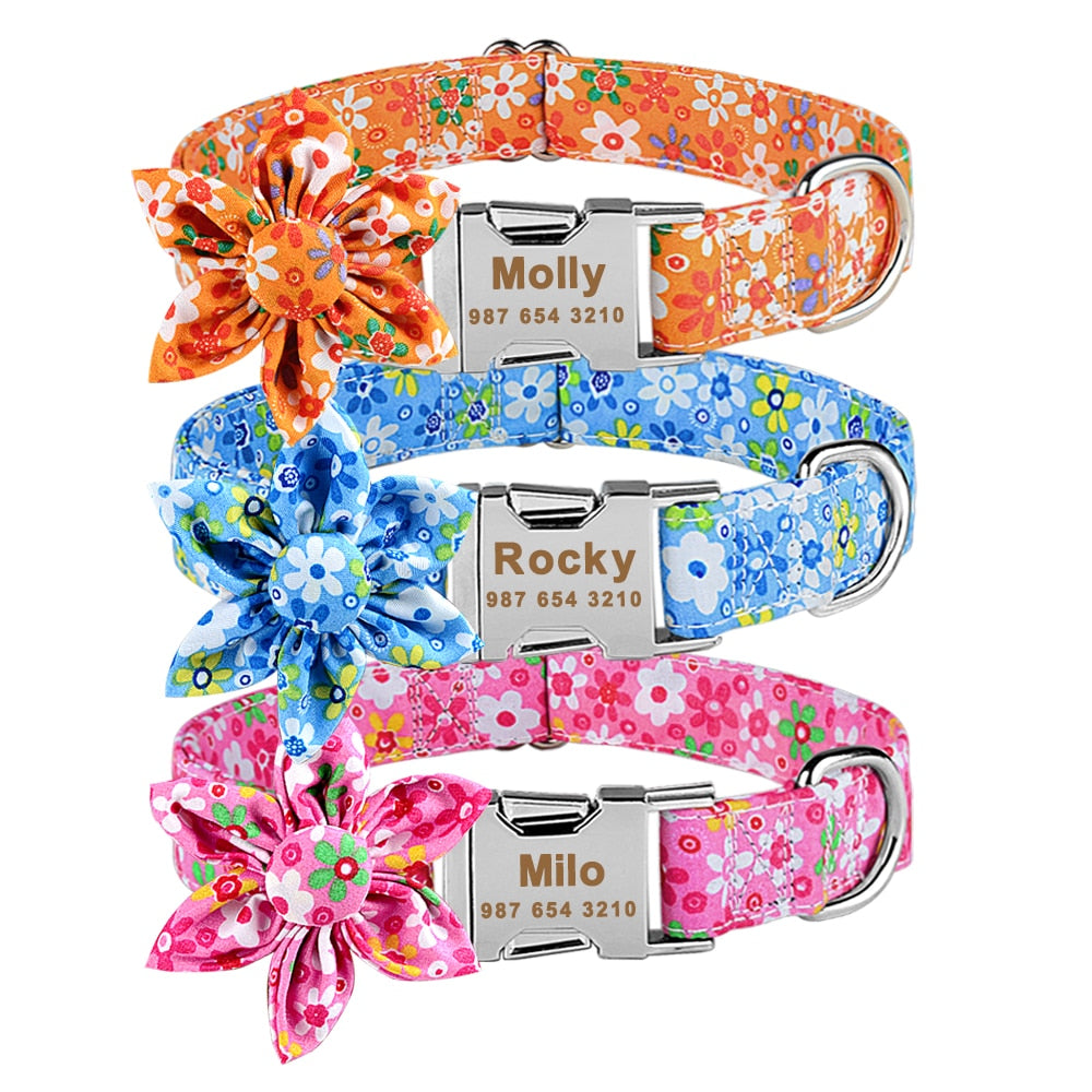 Personalized Pet Collar With Flower and Metal Buckle
