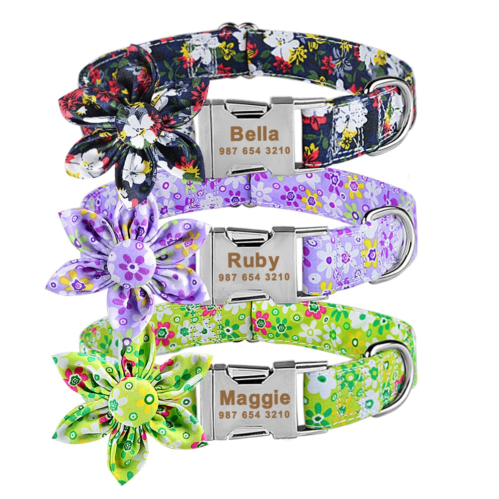 Personalized Pet Collar With Flower and Metal Buckle
